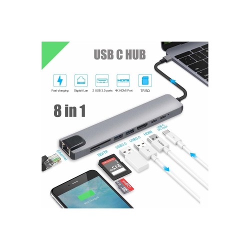 8 in 1 Çift Type-C USB 3.0 4K HDMI RJ45 Çevirici Macbook Çoklayıcı